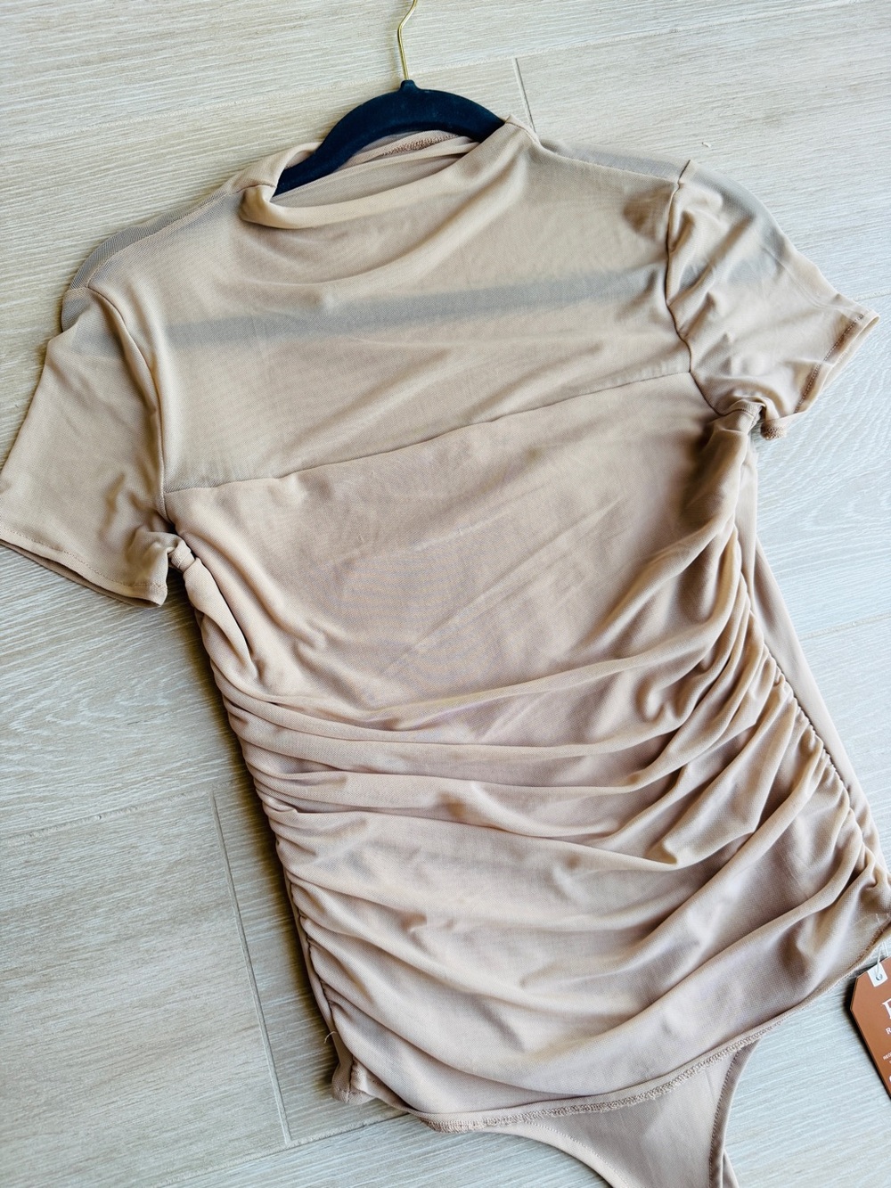 ReoRia Nude Ruched Short-Sleeve Bodysuit